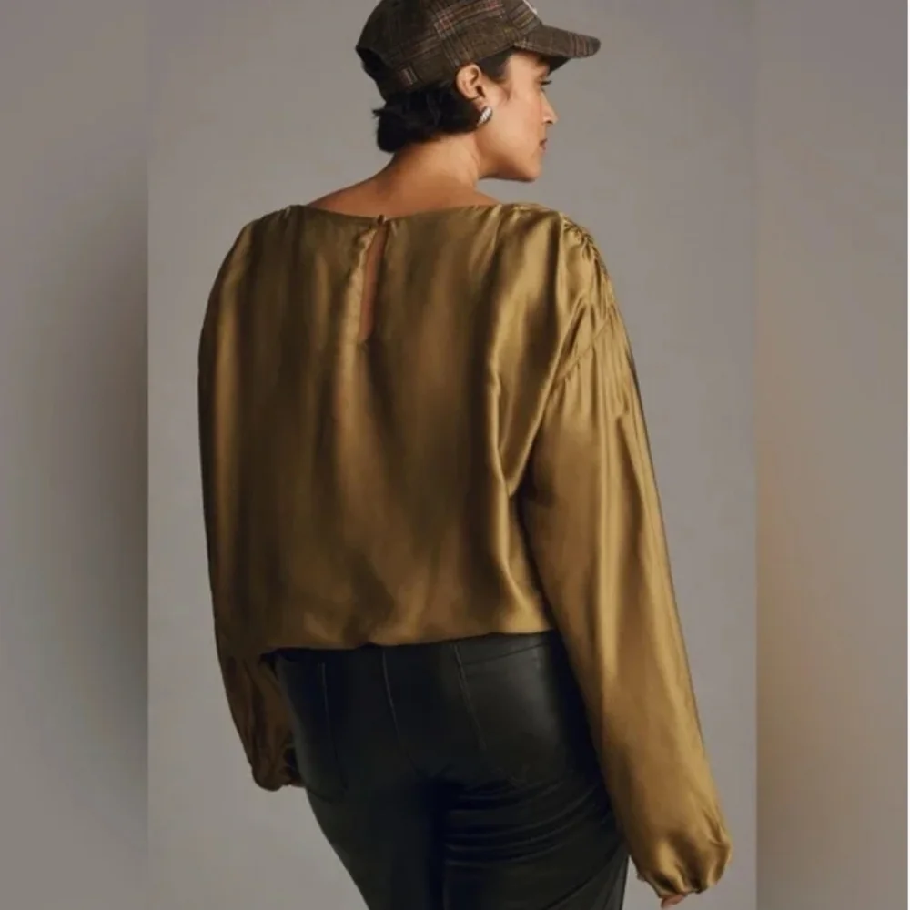 By Anthropologie Olive Green Balloon Sleeve Silky Blouse Top